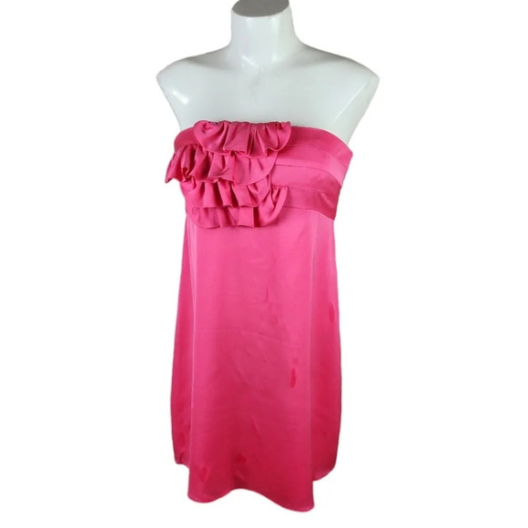 alice + olivia Fuschia Pink Strapless Silk Mini Dress Ruffle Accent Size Small - Picture 2 of 15